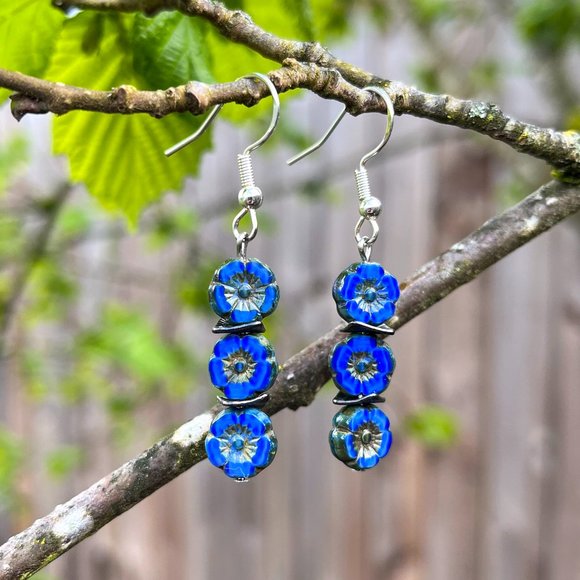 Blue Flower Drop Earrings Handmade - Picture 4 of 5